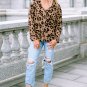 Brown Leopard Split Joint V Neck Long Sleeve Tops