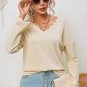 Apricot Ribbed Texture Lace Trim V Neck Long Sleeve Top