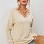 Apricot Ribbed Texture Lace Trim V Neck Long Sleeve Top