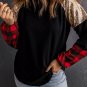 Black Crewneck Lantern Sleeve Plaid Sequin Splicing Blouse