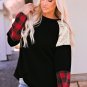 Black Crewneck Lantern Sleeve Plaid Sequin Splicing Blouse