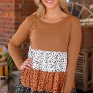 Brown Ribbed Long Sleeve Dotted Tiered Ruffled Flowy Top