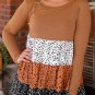Brown Ribbed Long Sleeve Dotted Tiered Ruffled Flowy Top