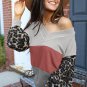 Fiery Red Wild Leopard Contrast Sleeve Colorblock Waffle Knit Top