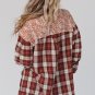 Fiery Red Floral Plaid Mixed Print Bishop Sleeve Patchwork Top