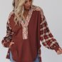 Fiery Red Floral Plaid Mixed Print Bishop Sleeve Patchwork Top