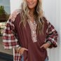 Fiery Red Floral Plaid Mixed Print Bishop Sleeve Patchwork Top