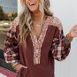 Fiery Red Floral Plaid Mixed Print Bishop Sleeve Patchwork Top