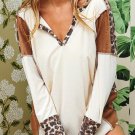 White Leopard Color Block Patchwork Split Neck Long Sleeve Top