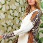 White Leopard Color Block Patchwork Split Neck Long Sleeve Top