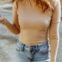 Khaki Ribbed Knit High Neck Long Sleeve Top