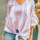 Pink Vertical Stripes V Neck 3/4 Sleeve Blouse