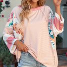 Pink Printed Pinstriped Color Block Patchwork Oversized Top