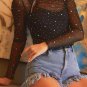 Black Rhinestone Sheer Mesh Slim Fit Long Sleeve Top