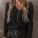 Black Buttoned V Neck Long Sleeve Ribbed Top