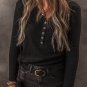 Black Buttoned V Neck Long Sleeve Ribbed Top
