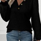 Black Buttoned V Neck Ribbed Puff Sleeve Top