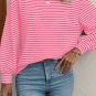 Rose Stripe Round Neck Drop Shoulder Long Sleeve Top