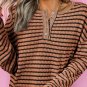 Brown Stripe Textured Frilly Trim Buttons Henley Long Sleeve Top