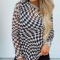 Black Checkered Pattern Mesh Mock Neck Long Sleeve Top
