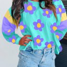 Sky Blue Floral Color Block Long Sleeve Loose Top