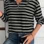 Black Stripe Textured Quarter Zip Collar Long Sleeve Top