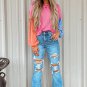 Rose Red Corded Colorblock Patchwork Drop Shoulder Long Sleeve Top