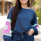 Sail Blue Flower Patchwork Raglan Sleeve Exposed Seam Oversized Top