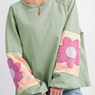 Green Flower Patchwork Raglan Sleeve Exposed Seam Oversized Top