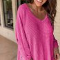 Rose Red Waffle Knit Side Slits Loose Fit V Neck Top