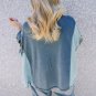 Dusk Blue Colorblock Stitching Patchwork Buttoned Long Sleeve Top