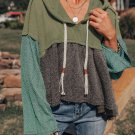 Green Patchwork Wide Sleeve Frayed High Low Hooded Top