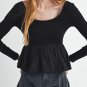 Black Ribbed Knit Long Sleeve Scoop Neck Peplum Patchwork Top