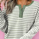 Green Stripe Textured Frilly Trim Buttons Henley Long Sleeve Top