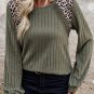 Moss Green Leopard Print Crochet Patchwork Rib Textured Knit Top