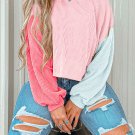 Pink Corded Colorblock Patchwork Drop Shoulder Long Sleeve Top