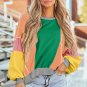 Dark Green Colorblock Patchwork Exposed Stitching Oversize Top