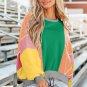 Dark Green Colorblock Patchwork Exposed Stitching Oversize Top
