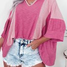 Bright Pink Textured Colorblock 3/4 Sleeve Oversize Top