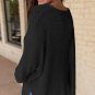 Black Waffle Knit Side Slits Loose Fit V Neck Top