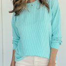 Aruba Blue Solid Color Corded Knit Round Neck Top
