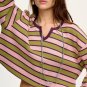 Green Clashing Stripes Waffle Texture Notched Neck Long Sleeve Top