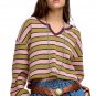 Green Clashing Stripes Waffle Texture Notched Neck Long Sleeve Top