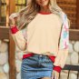 Beige Bowknot Printed Patchwork Raglan Sleeve Colorblock Edge Top