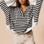 Black white Oversized Striped Henley Buttons Dolman Sleeve Hooded Top