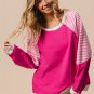 Strawberry Pink Striped Patchwork Crew Neck Raglan Sleeve Top