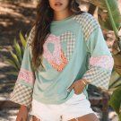 Clearly Aqua Plaid Floral Peace Heart Graphic Wide Long Sleeve Top