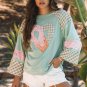 Clearly Aqua Plaid Floral Peace Heart Graphic Wide Long Sleeve Top