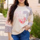Beige Plaid Floral Peace Heart Graphic Wide Long Sleeve Top