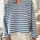 Sky Blue Stripe Chest Pocket Buttoned Back Notched V Neck Top